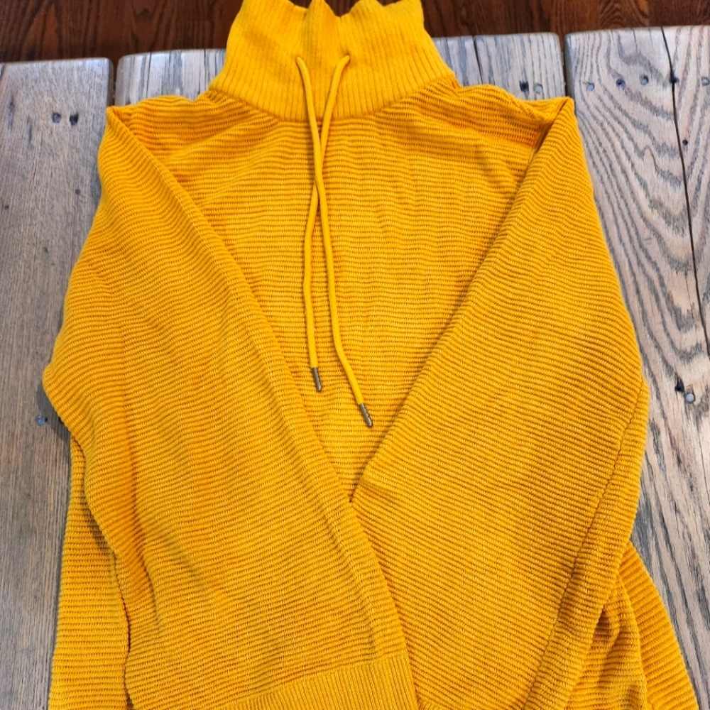 NWOT QVC Zuda Ecovero mock neck sweater in a 'mustard' yellow or gold color.